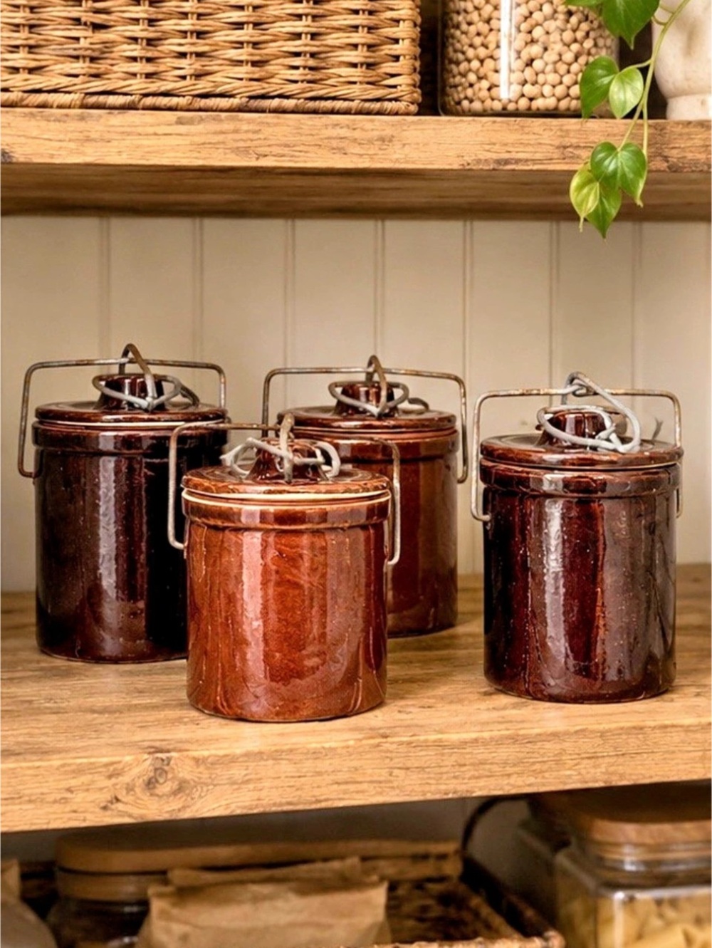 Vintage Brown Glazed Stoneware Crock Set of 4 Wire Bail Lid Brown Ceramic 5”